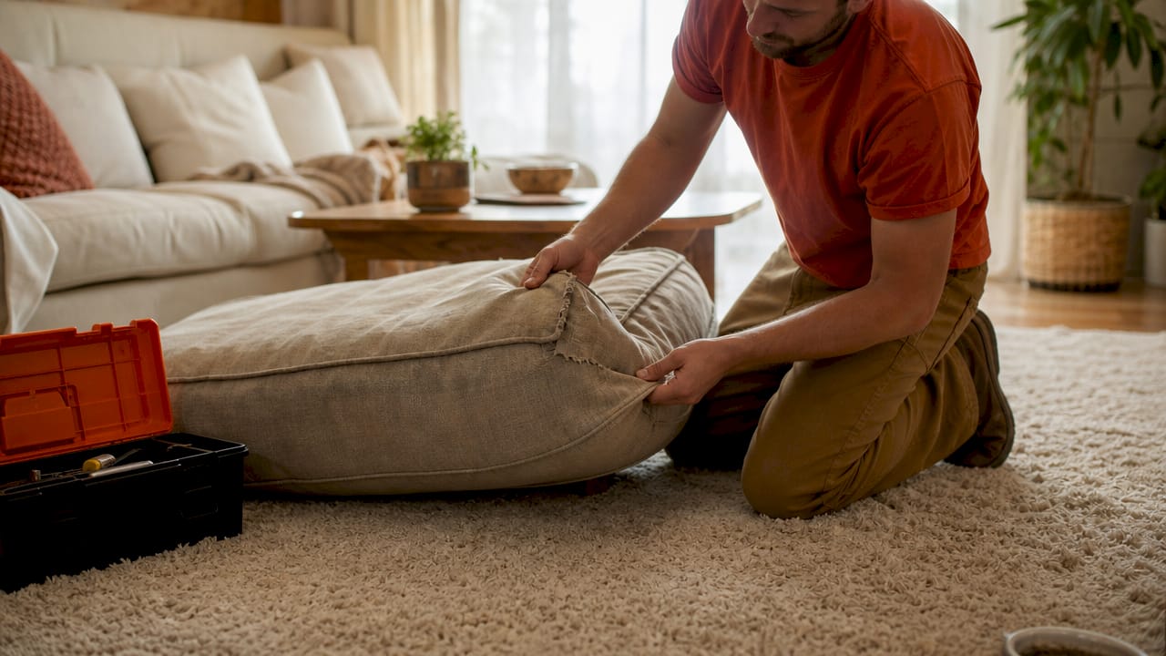 Hands pressing worn sofa cushion foam testing resilience