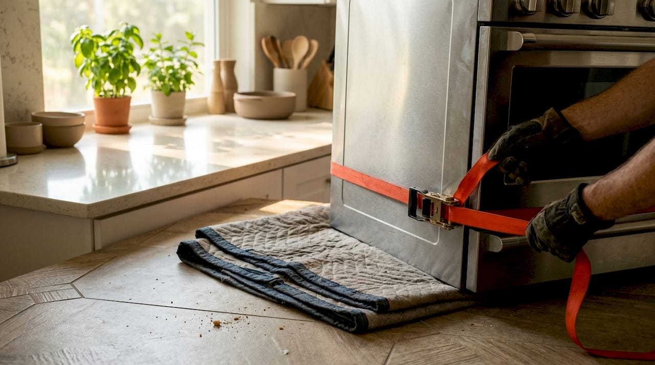 Hands using straps to move stove safely