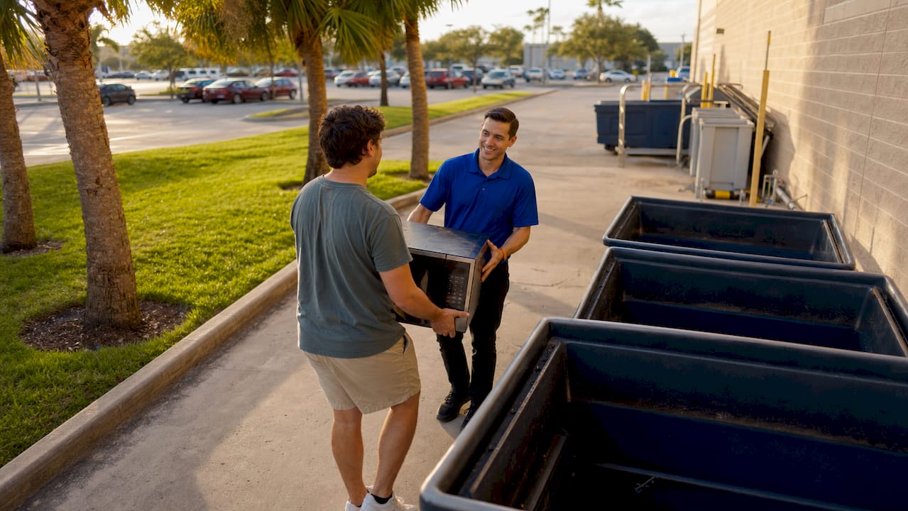 Customer dropping off microwave at retailer recycling