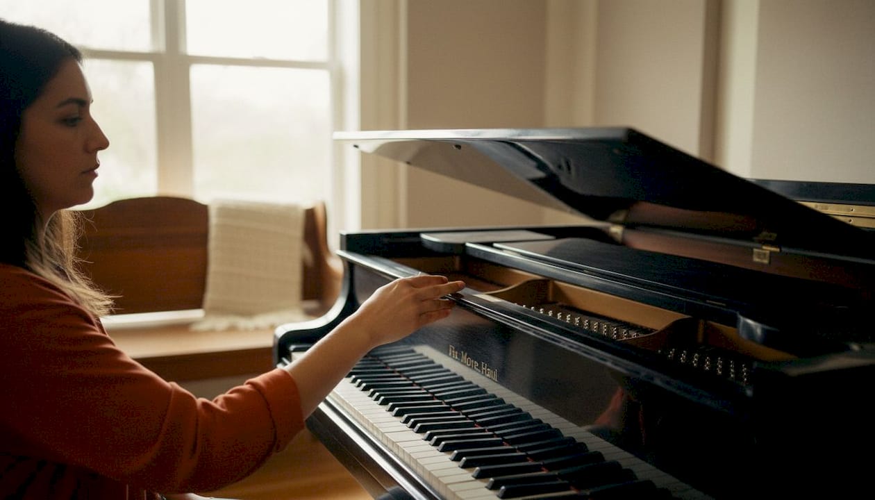 Hands revealing piano brand inside