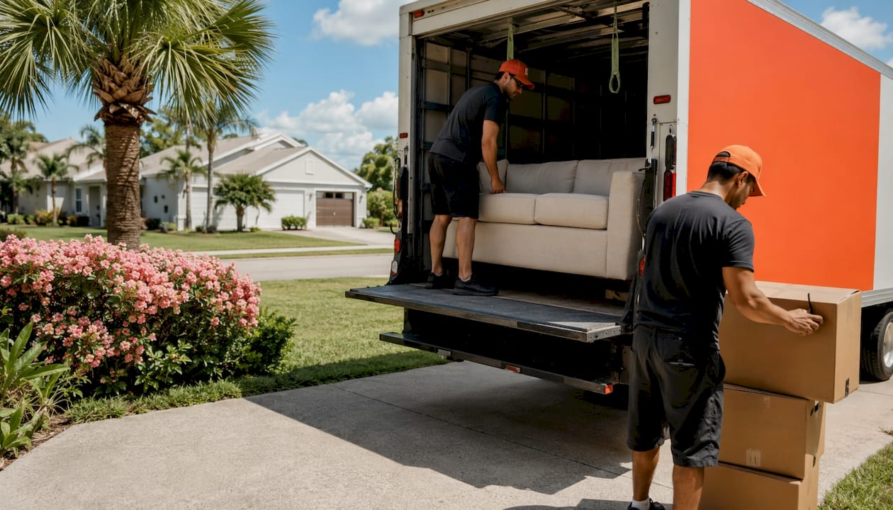 Workers loading haul truck in Tampa Bay driveway