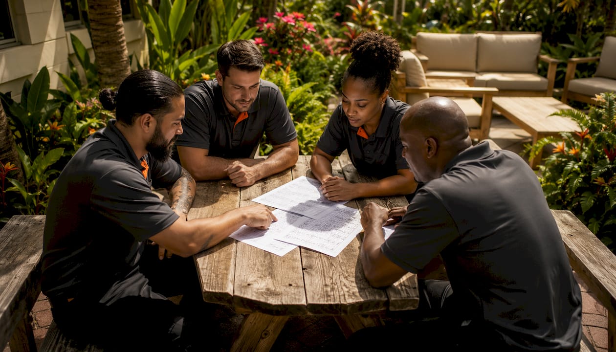 Background-checked moving team meeting outside in Florida