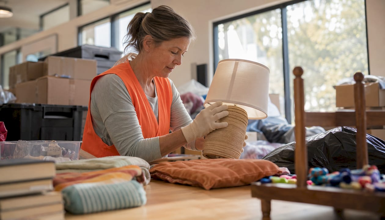 Woman sorting donation items at charity center outdoors