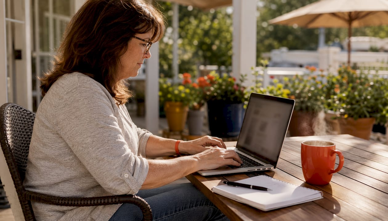 Woman researching junk removal companies at kitchen table