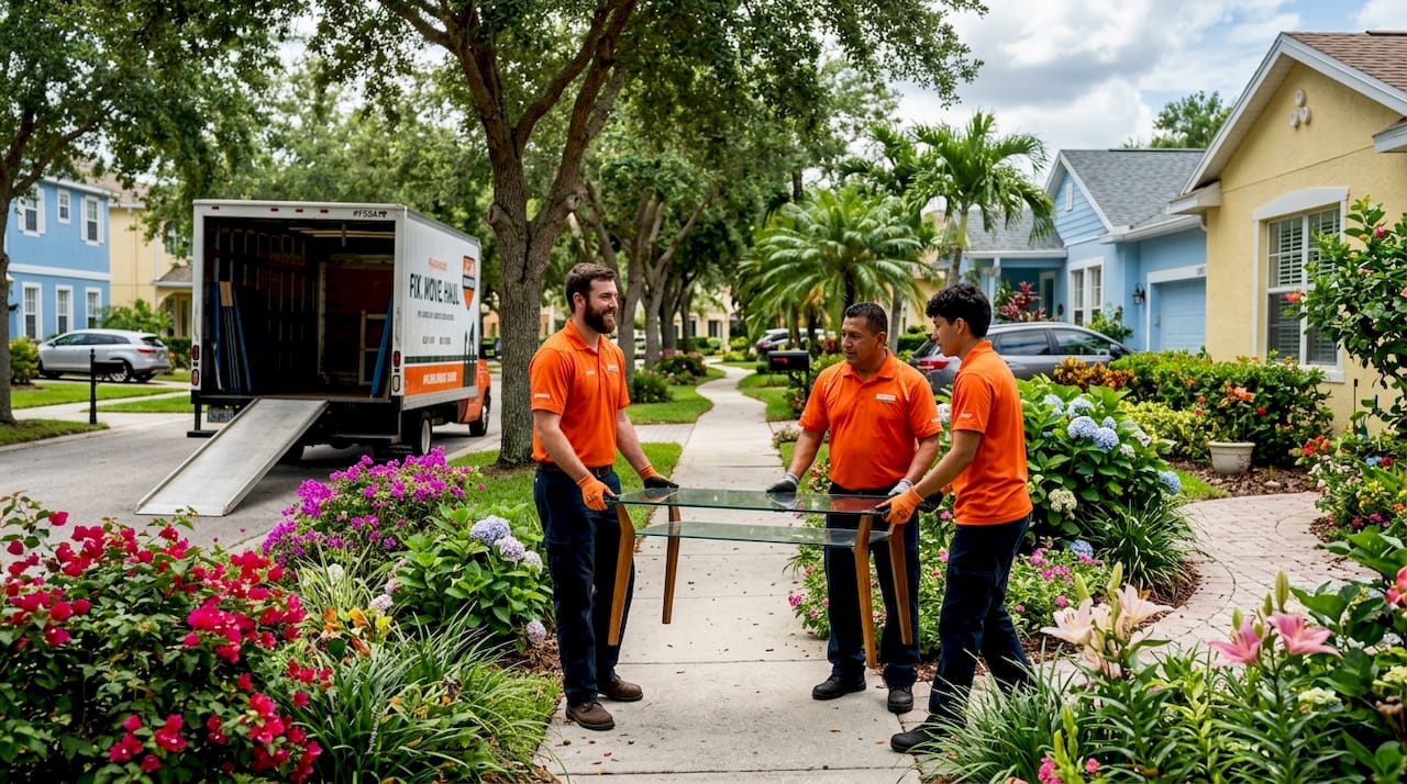Team carrying glass coffee table outdoors