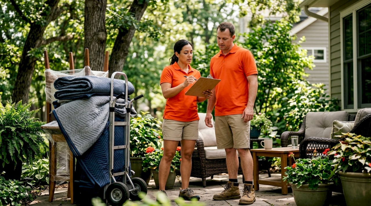 Movers consulting in a bright modern living room