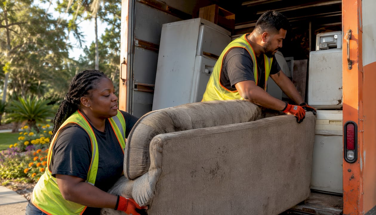 Workers loading junk into haul truck outdoors