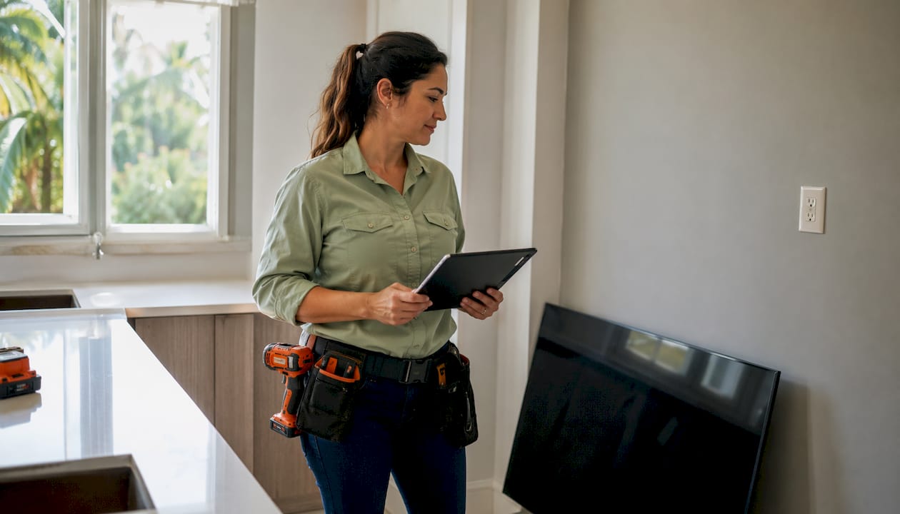Smart home technician reviewing TV mounting plan