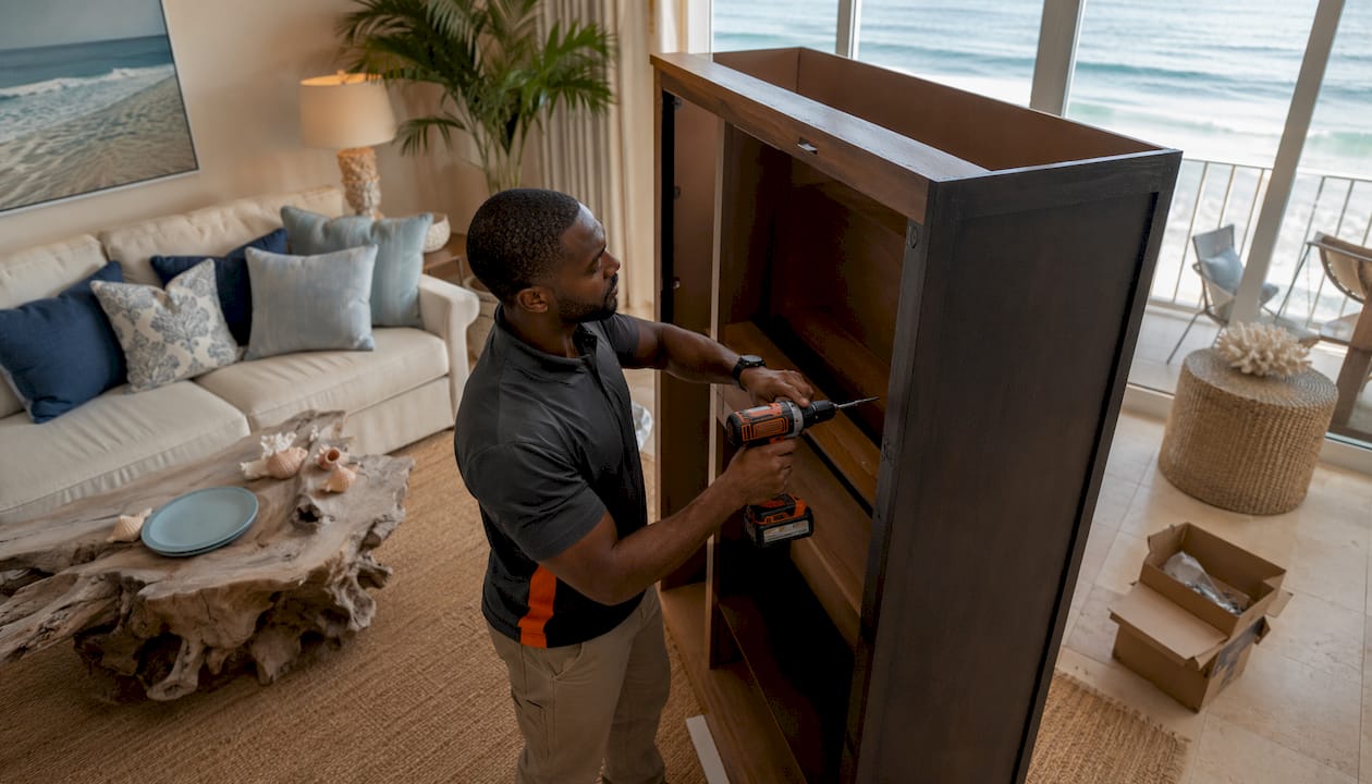 Technician installing wardrobe in Florida condo bedroom