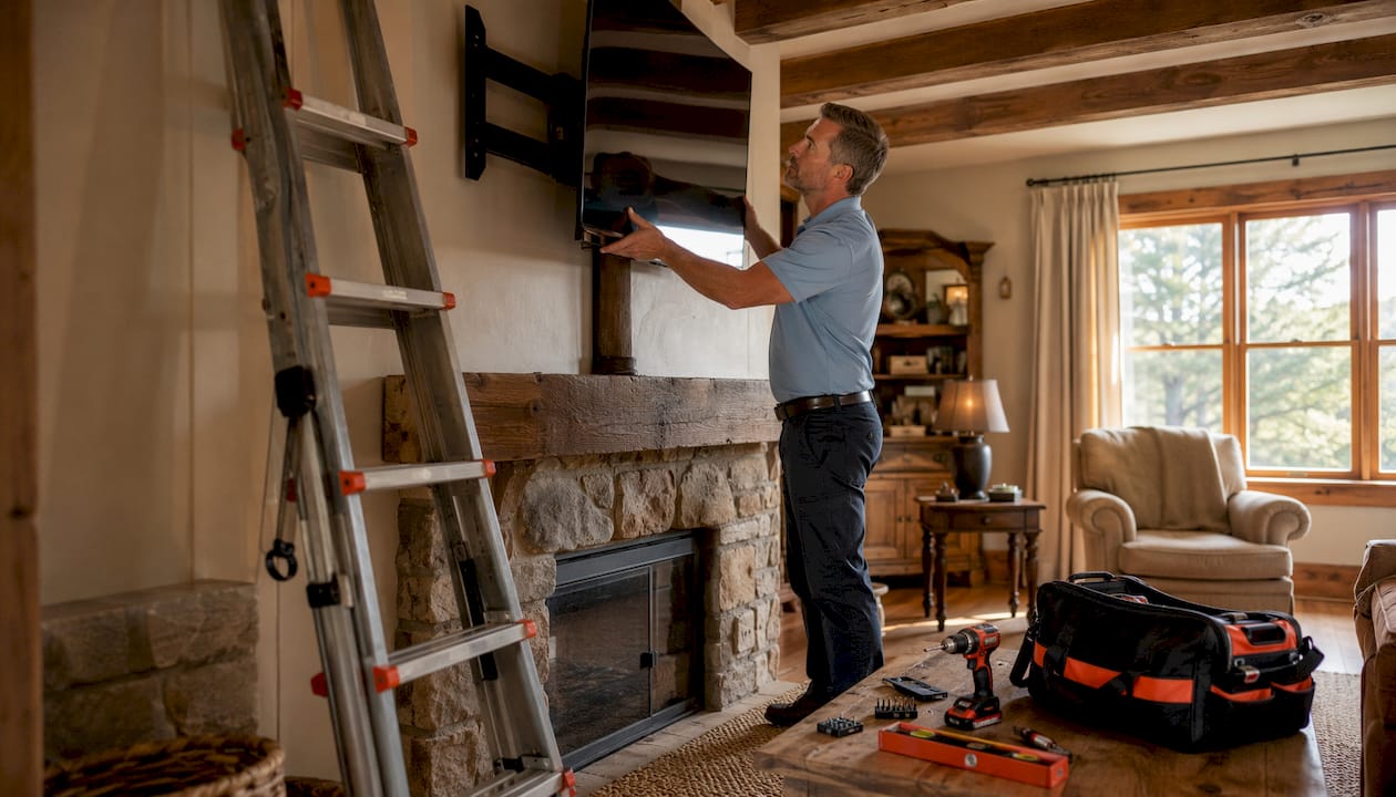 Installer mounting curved TV above fireplace