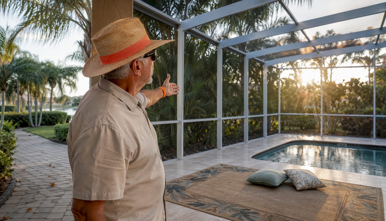Homeowner inspecting freshly cleaned lanai