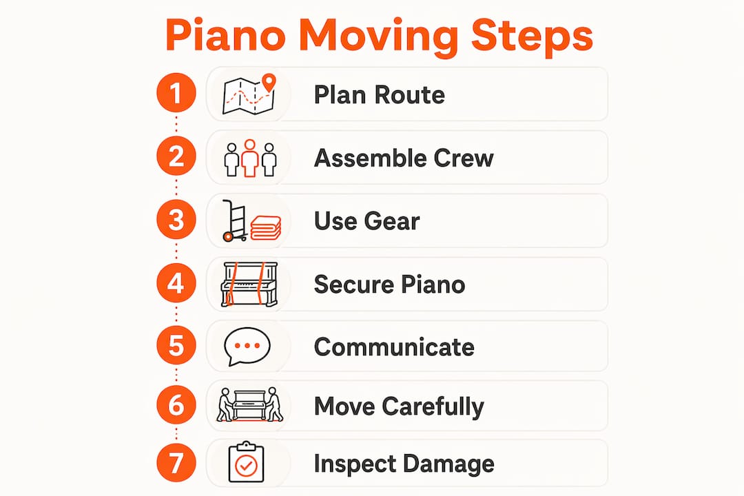 Infographic listing seven safe piano moving steps