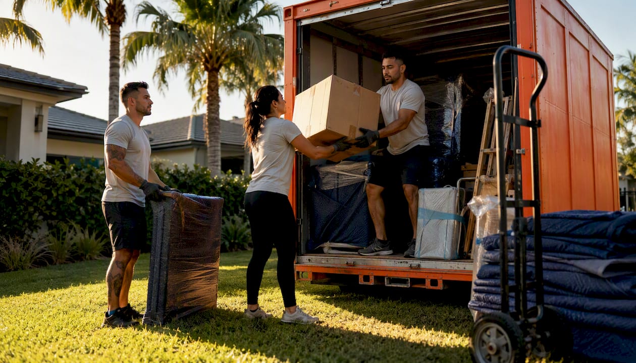 Moving team loading portable storage container in driveway