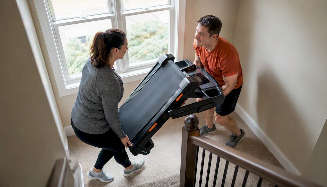 Team lifting treadmill up stairs carefully