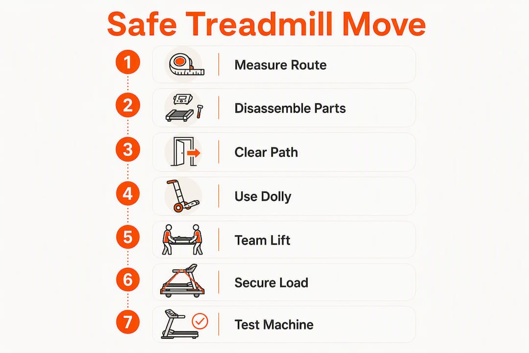 Infographic illustrating safe treadmill moving steps