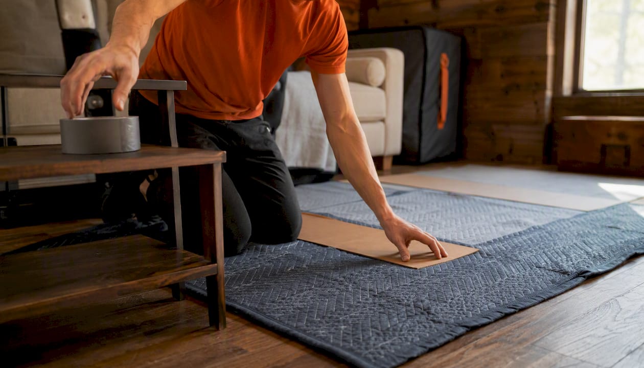 Hands laying floor protection for treadmill