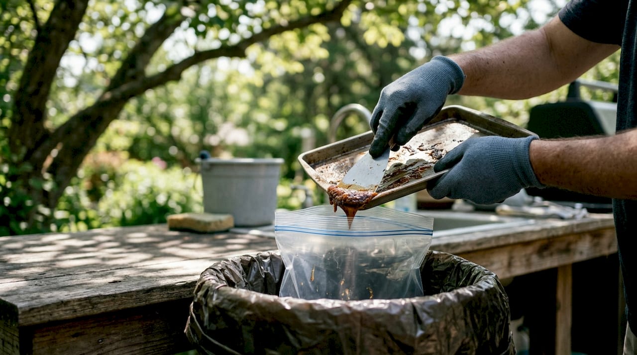 Gloved hands disposing grease in sealed container