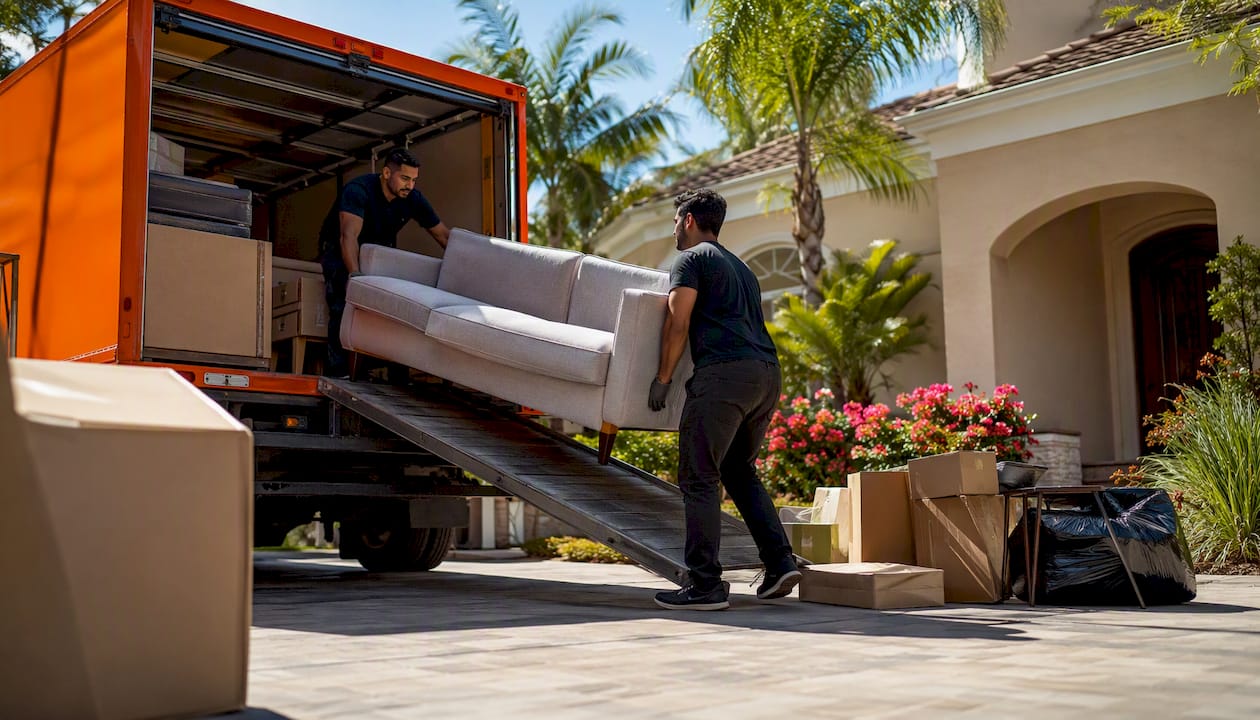 Two workers loading junk removal truck