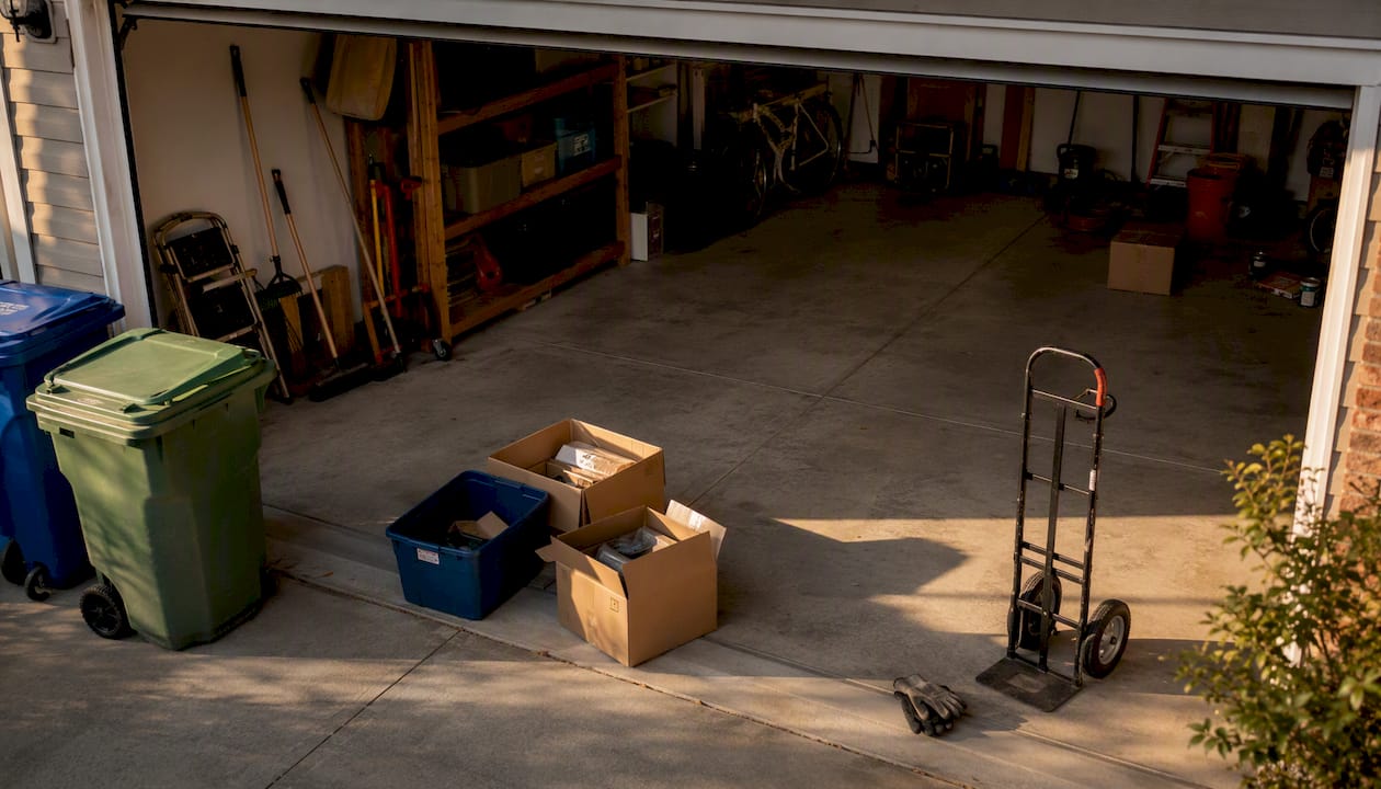 Empty garage with recycling bins and moving tools