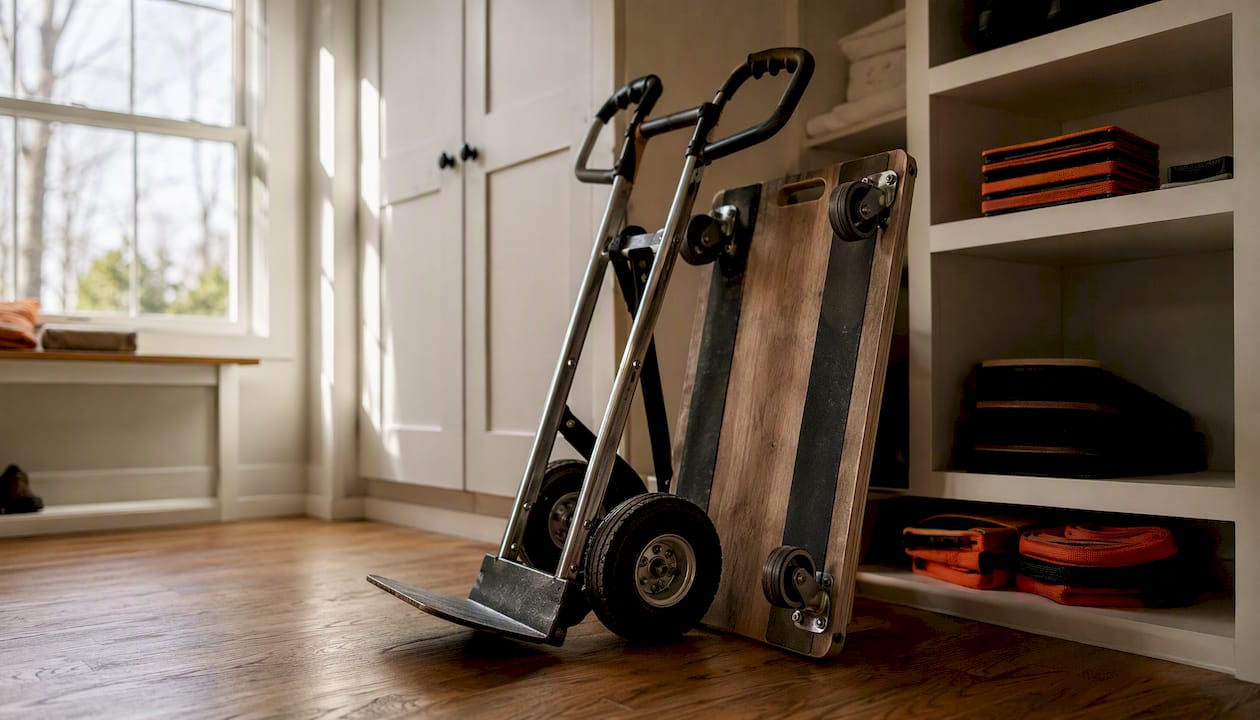 Moving tools including hand truck and dolly in garage