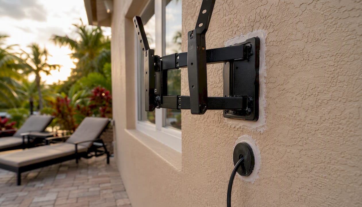 Outdoor TV mount on brick wall with sealant