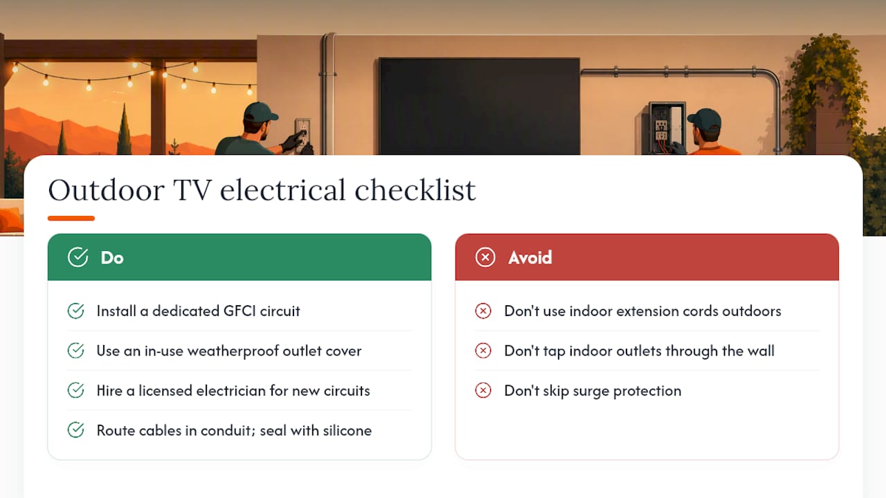 What electrical work does an outdoor TV installation require? — overview diagram
