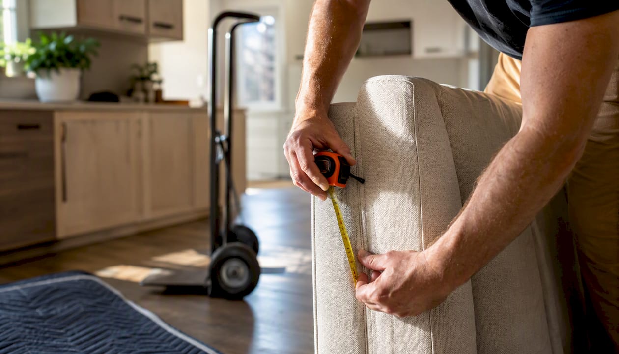 Mover measuring couch with tape measure