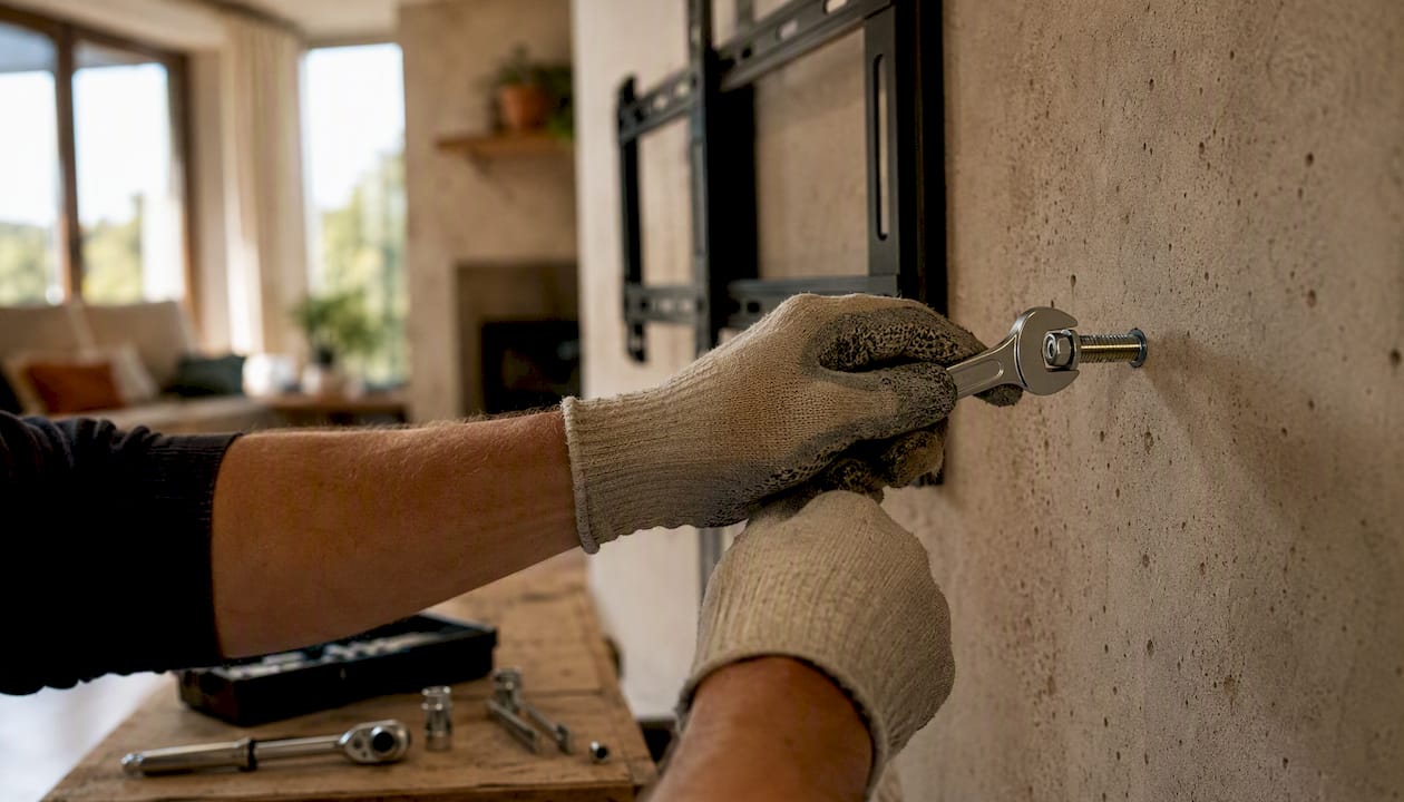 Hands tightening sleeve anchor in concrete