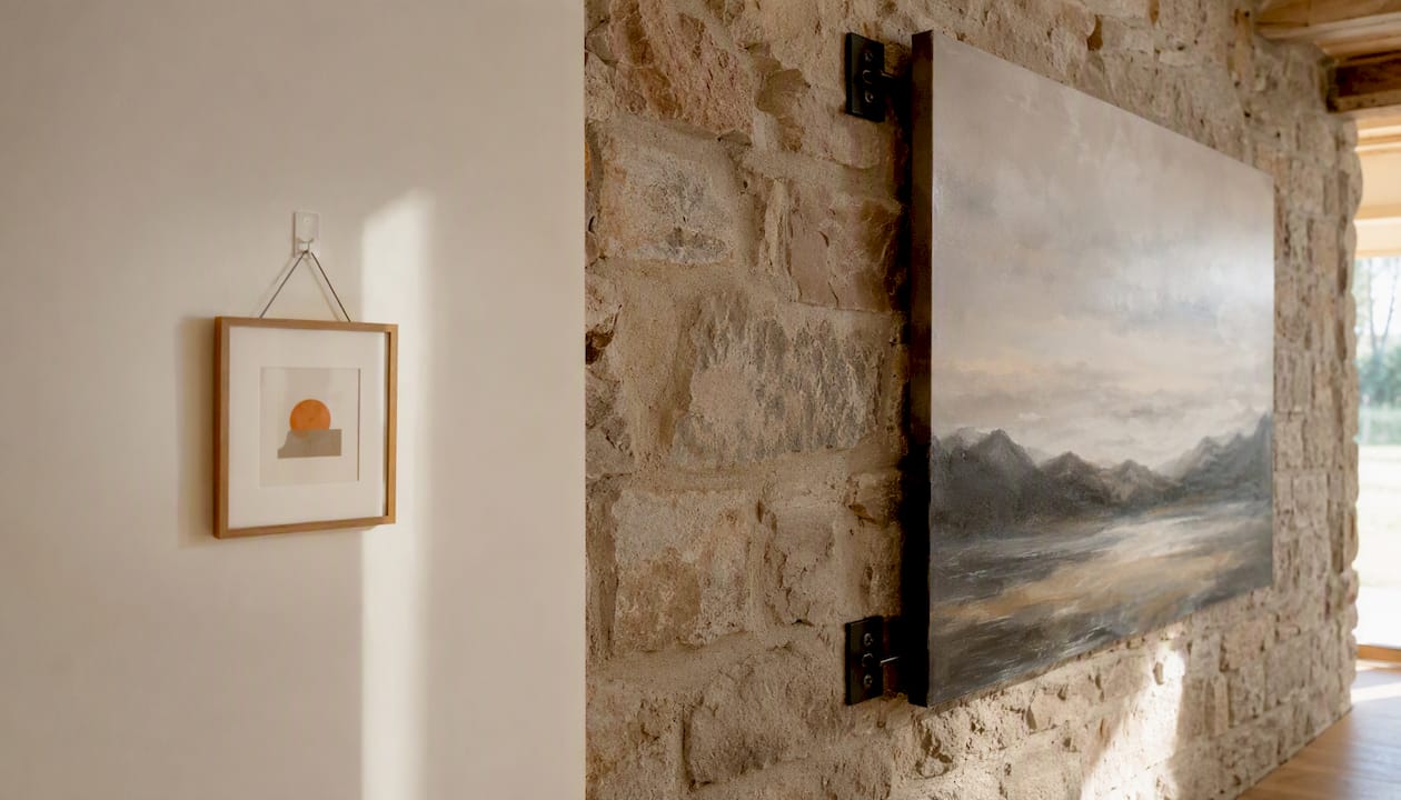 Drywall and masonry walls with artwork hung
