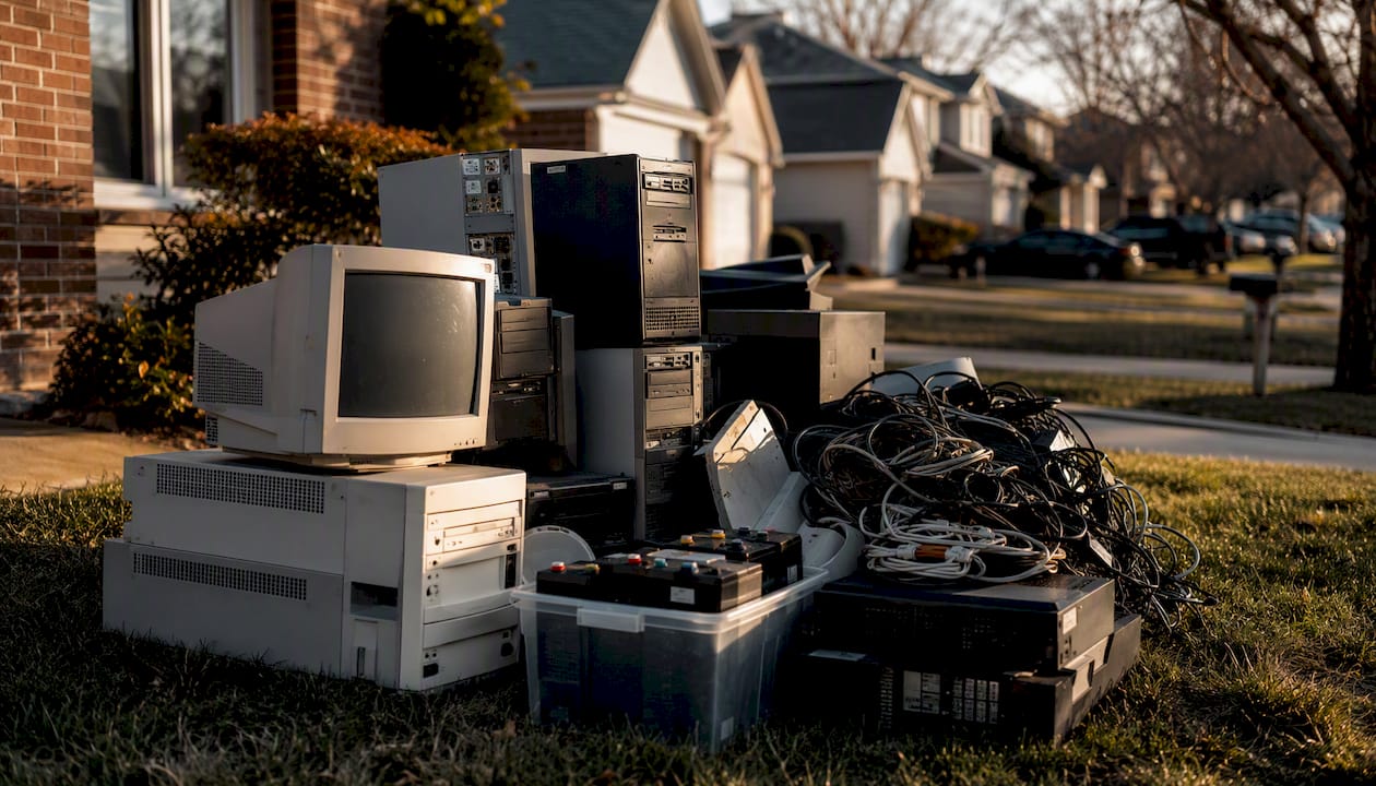 Stack of assorted electronic waste items