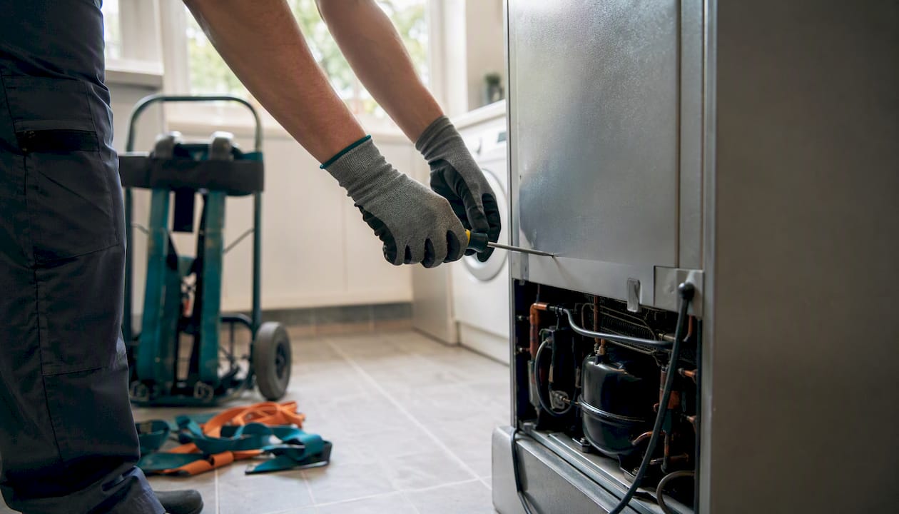 Hands disassembling heavy appliance safely