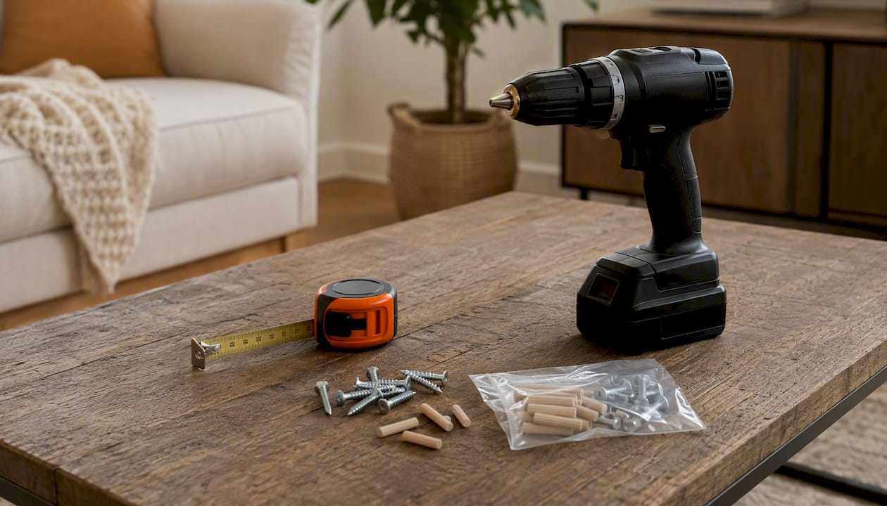 Cordless drill and assembly tools on table