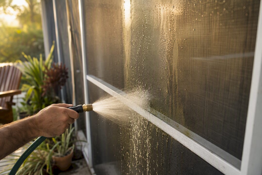 Garden hose rinsing lanai screen algae