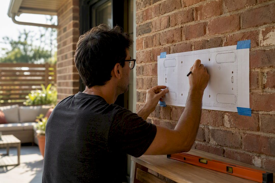 Hand marking holes on brick wall for TV mount