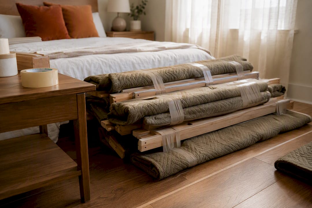 Wooden bed parts wrapped in moving blankets