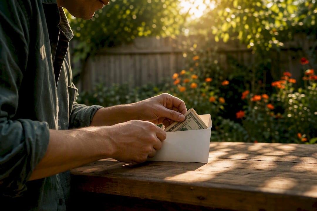Homeowner preparing cash tip envelope outdoors