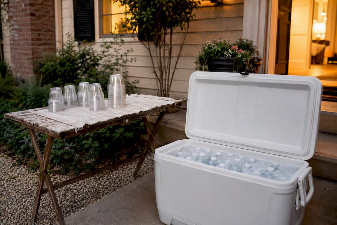 Ice water cooler and cups set outside a home
