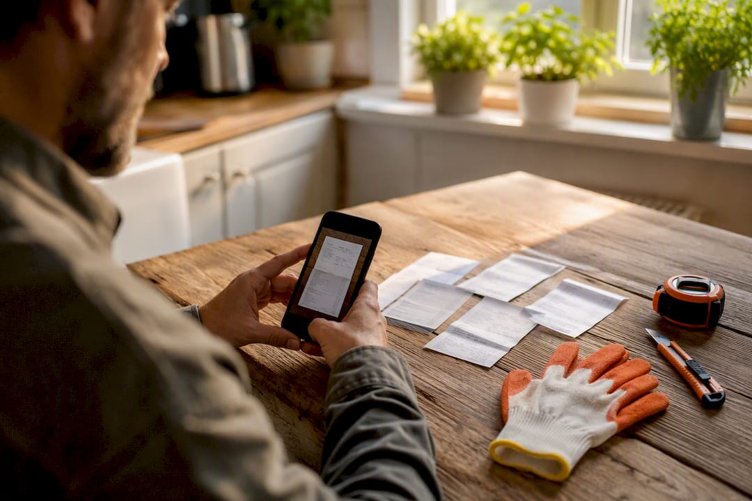Hands photographing cleanout receipts and invoices
