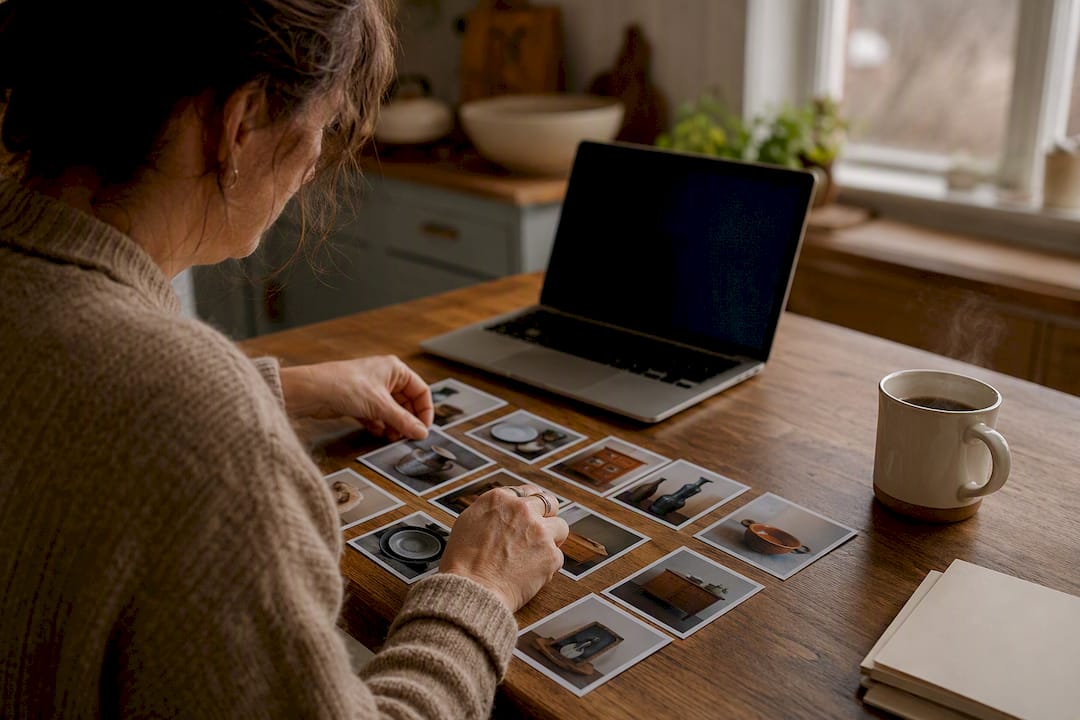 Hands organizing printed item photos on desk