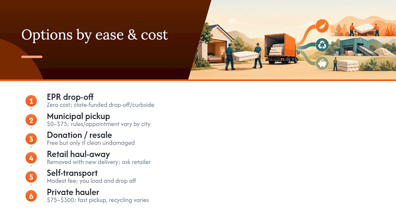 Diagram comparing mattress recycling options by cost and ease