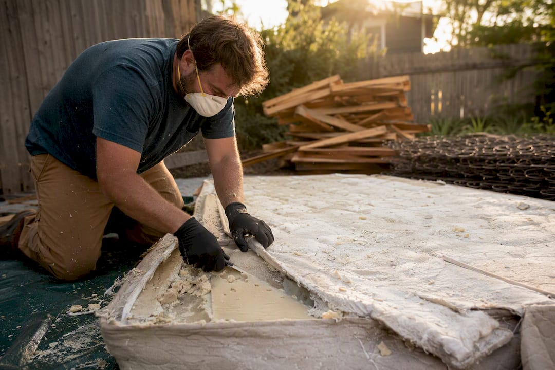 Handman cutting mattress foam outdoors