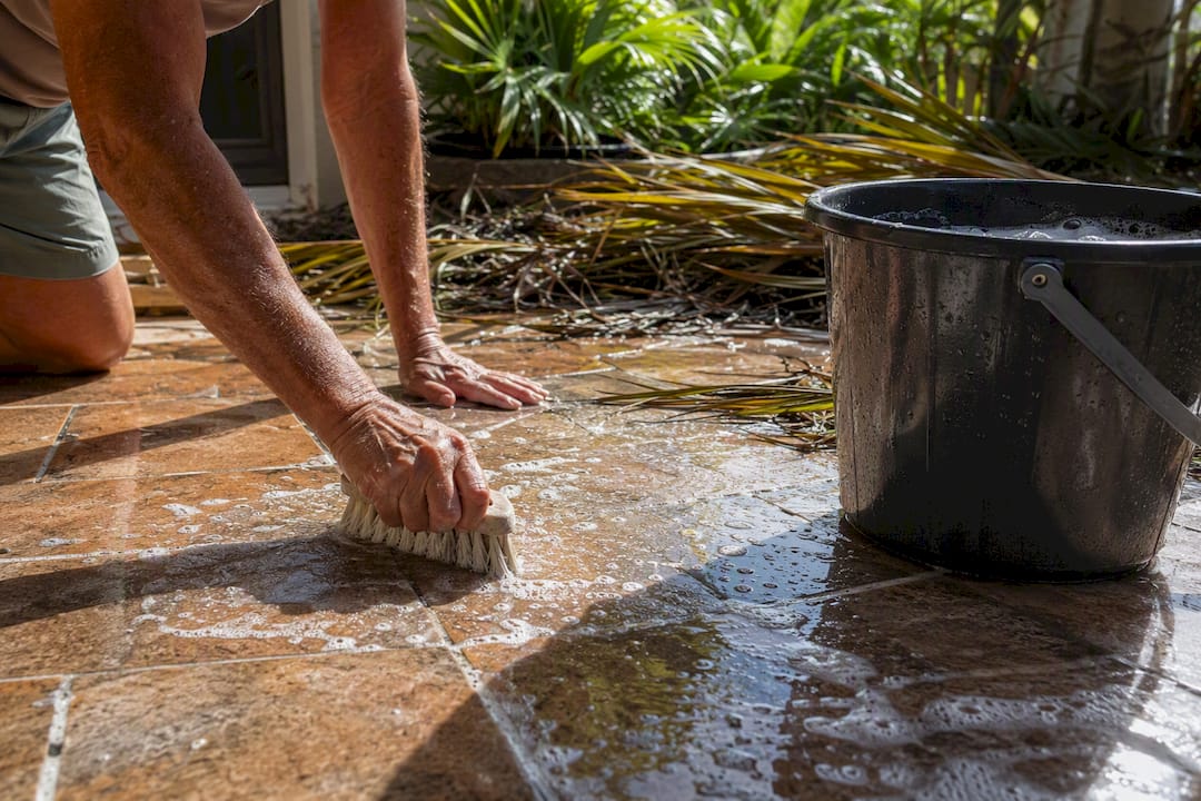 Hands scrubbing lanai floor after storm
