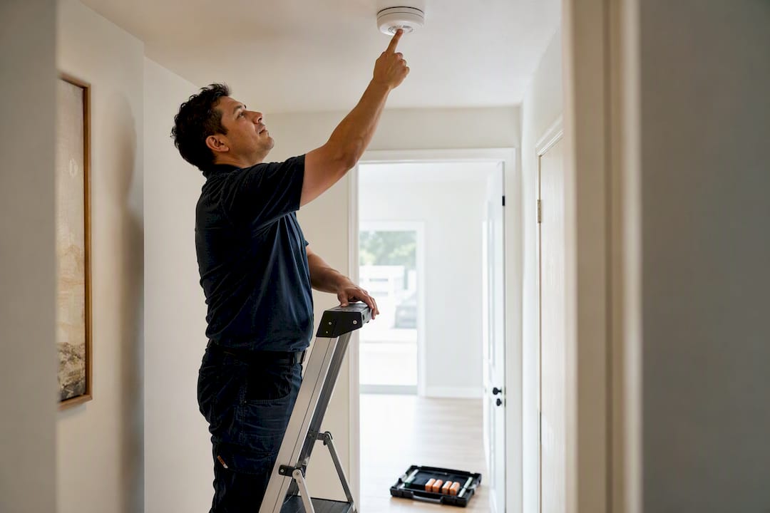 Technician testing smoke detector before handoff