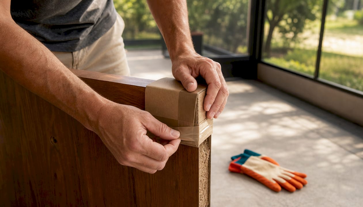 Hands securing sharp furniture edges safely