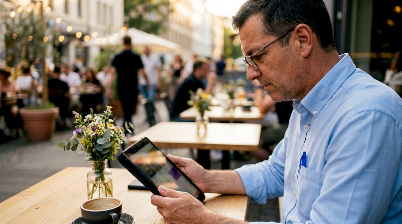 El gerente consulta el menú digital en varios idiomas desde su tablet.