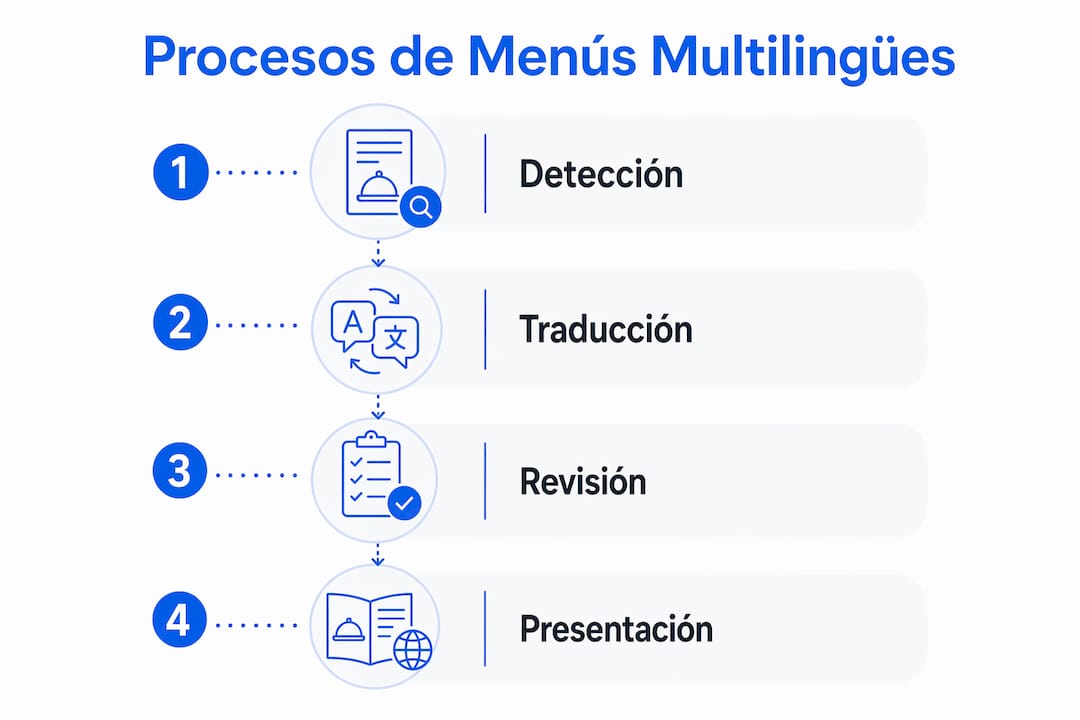 Representación visual del flujo de trabajo para implementar menús en varios idiomas