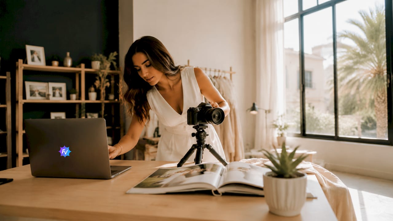 Una fotógrafa organiza los detalles para una sesión de fotos en un estudio moderno.