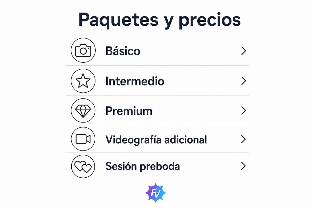 Infografía con las diferentes opciones y tarifas de servicios de fotografía para bodas