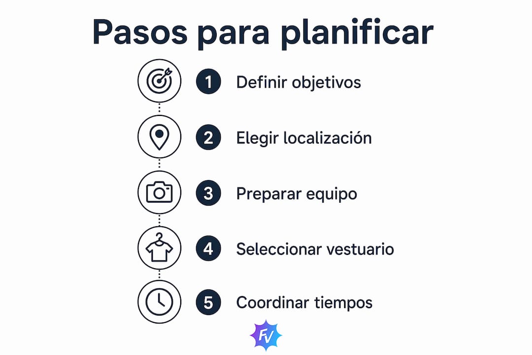 Guía visual con los pasos esenciales para organizar una sesión fotográfica