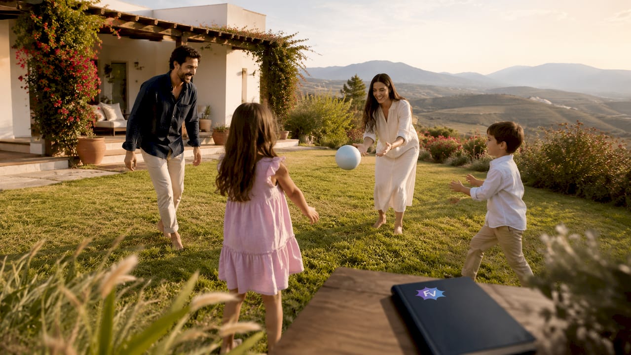 Una familia típica del Mediterráneo disfruta de una sesión de fotos en un cortijo de Almería.